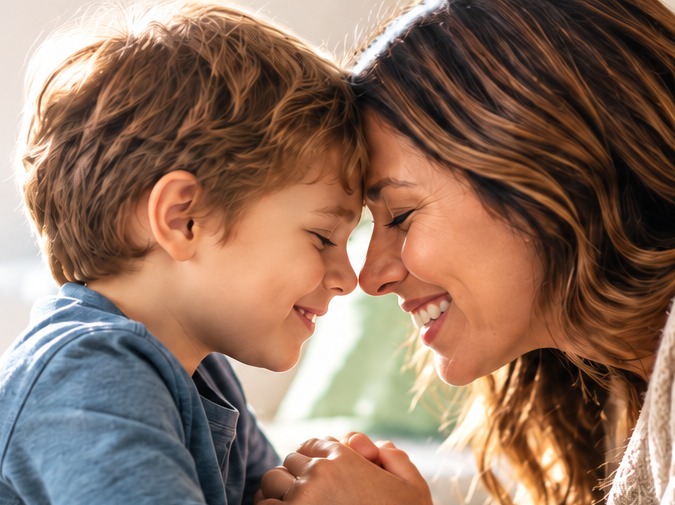 A parent and child sharing a warm forehead-to-forehead moment